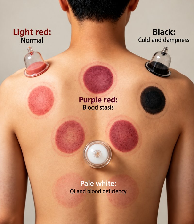 Diagram of cupping marks on a person's back showing different colors