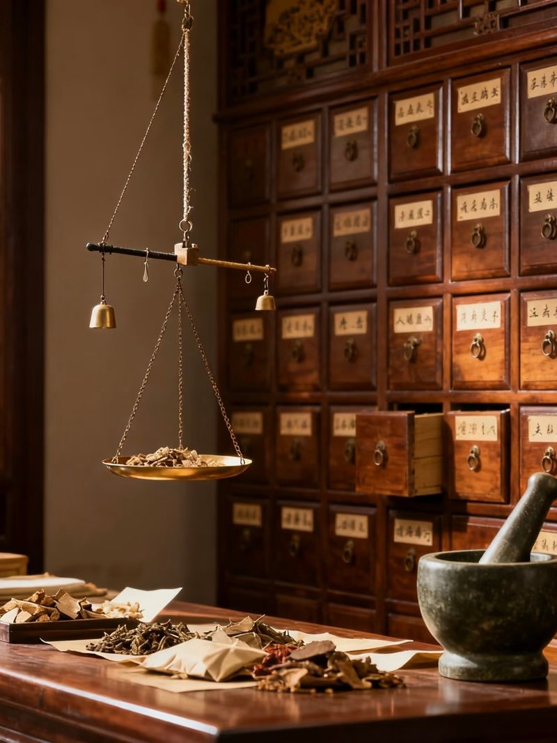 Traditional Chinese medicine apothecary with scale and herbs