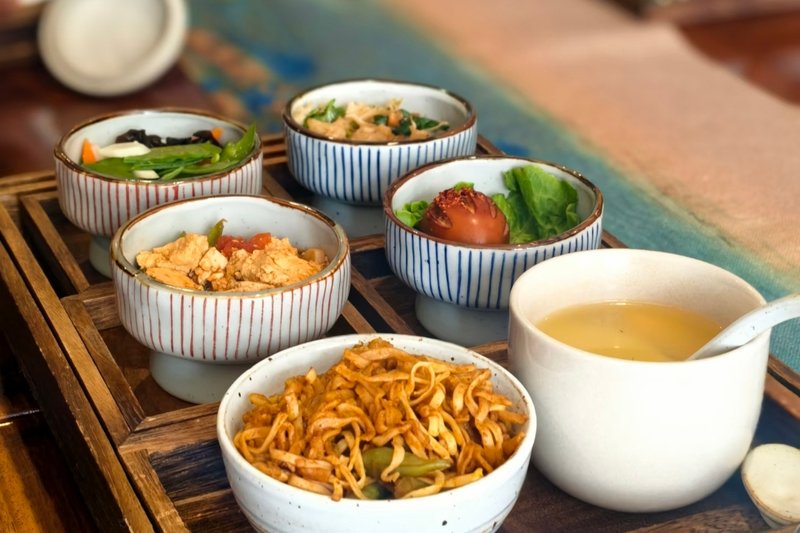 A vegetarian meal served in small dishes, Wenshu Monastery