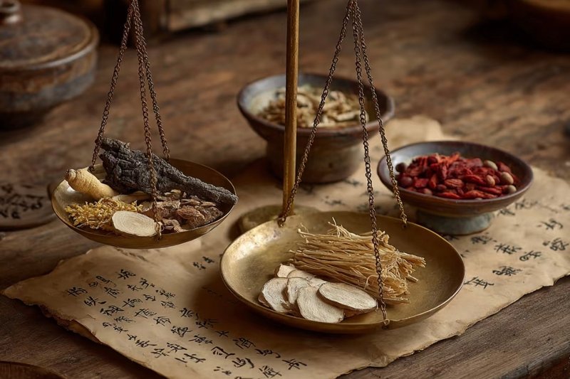 Traditional Chinese medicine herbs weighed on a brass scale