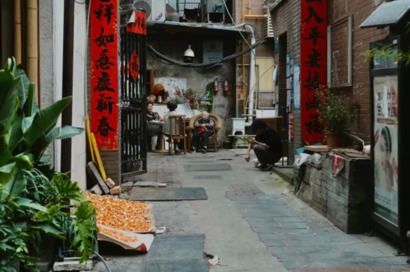An old lane in Gongren Village, Chengdu, decorated for the New Year