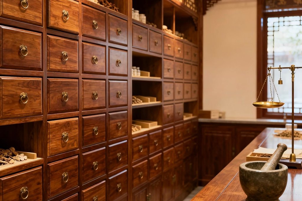 Traditional Chinese medicine apothecary cabinet with scale and mortar