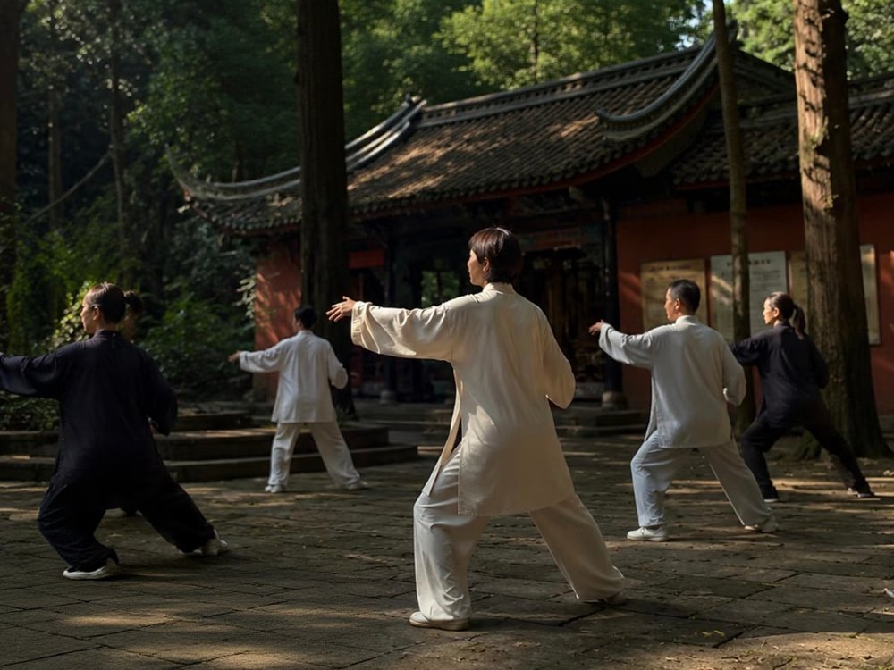 Group practicing Tai Chi in a mountain temple courtyard