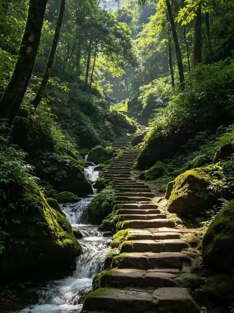 Stone steps through a forest stream on Mount Qingcheng