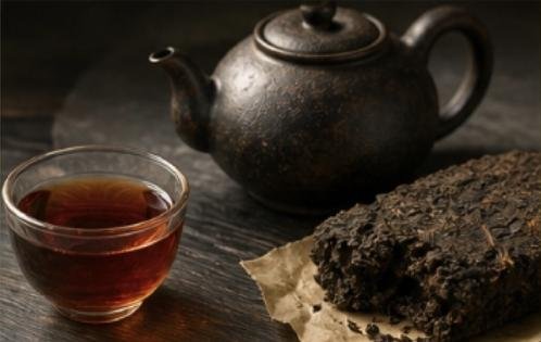 Dark tea (pu'er) with a clay teapot and compressed brick