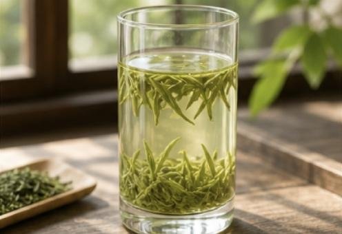Green tea brewed in a glass
