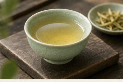 Yellow tea brewed in a celadon cup